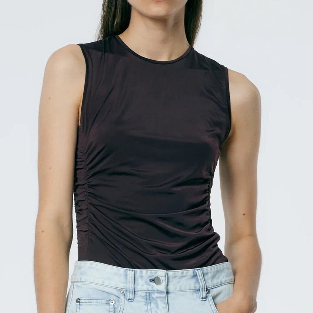 Tibi, Micro Jersey Shirred Crewneck Top, Dark Brown, XXS, NWT